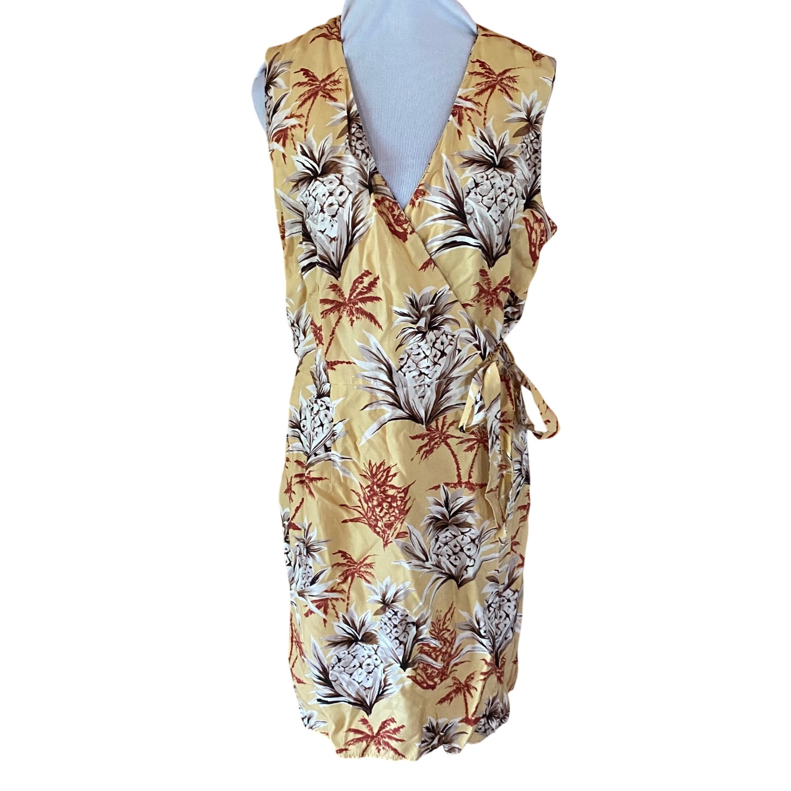 Hilo Hattie Yellow Pineapple Palm Tree Rayon Vintage Wrap Dress Hawaii 14